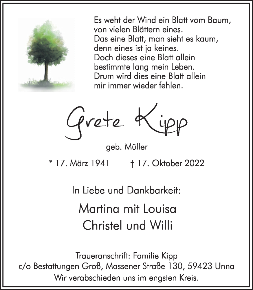  Traueranzeige für Grete Kipp vom 22.10.2022 aus Hellweger Anzeiger