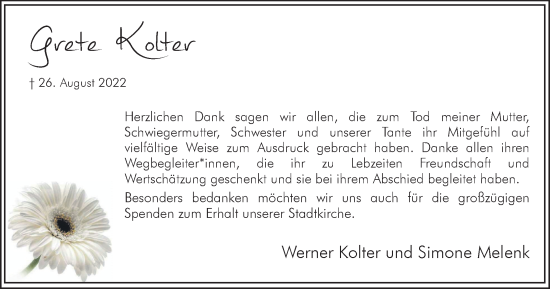 Traueranzeige von Grete Kolter von Hellweger Anzeiger