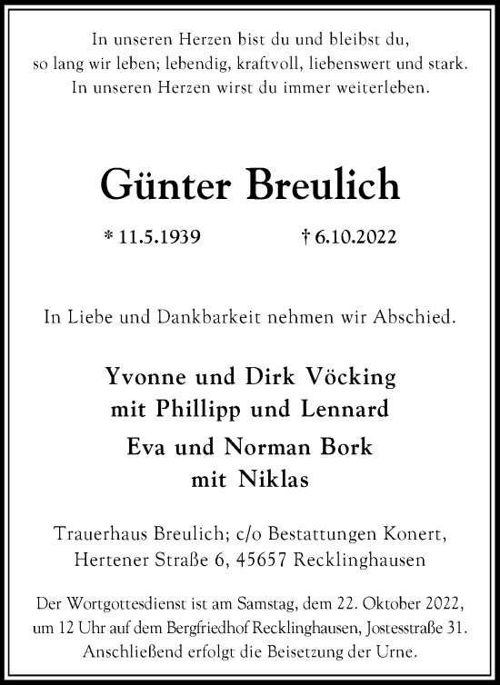 Traueranzeige von Günter Breulich von Medienhaus Bauer