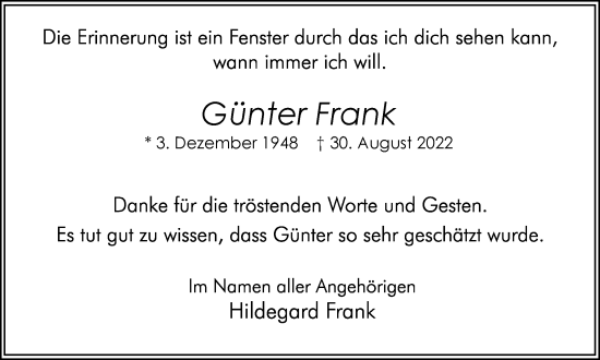 Traueranzeige von Günter Frank