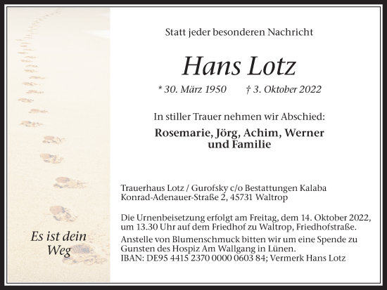 Traueranzeige von Hans Lotz von Medienhaus Bauer