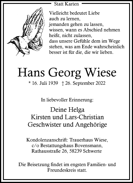 Traueranzeige von Hans Georg Wiese von Ruhr Nachrichten