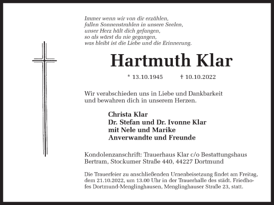 Traueranzeige von Hartmut Klar 
