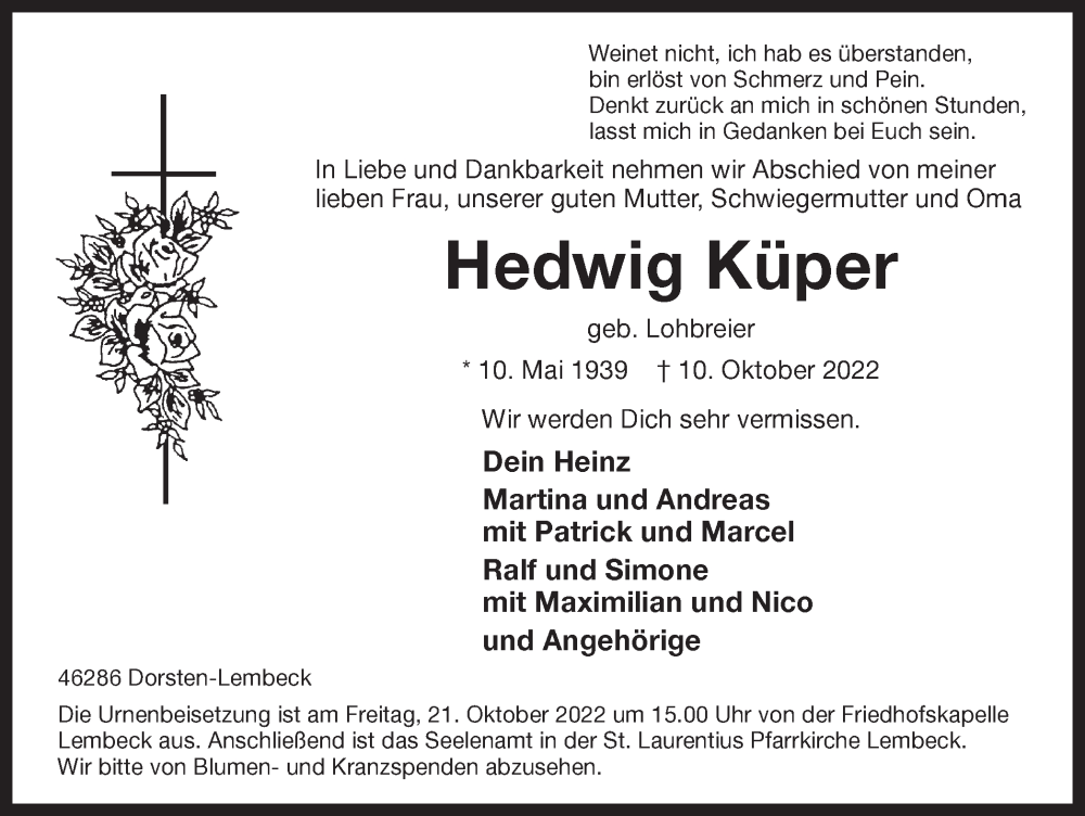  Traueranzeige für Hedwig Küper vom 15.10.2022 aus Ruhr Nachrichten und Dorstener Zeitung