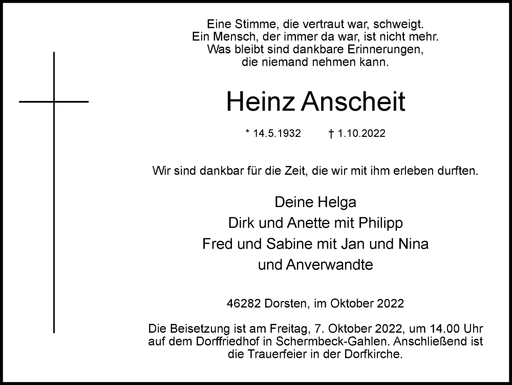  Traueranzeige für Heinz Anscheit vom 05.10.2022 aus Ruhr Nachrichten und Dorstener Zeitung