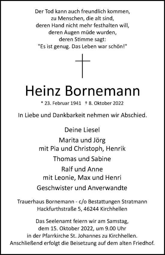 Traueranzeigen von Heinz Bornemann sicherinnern.de