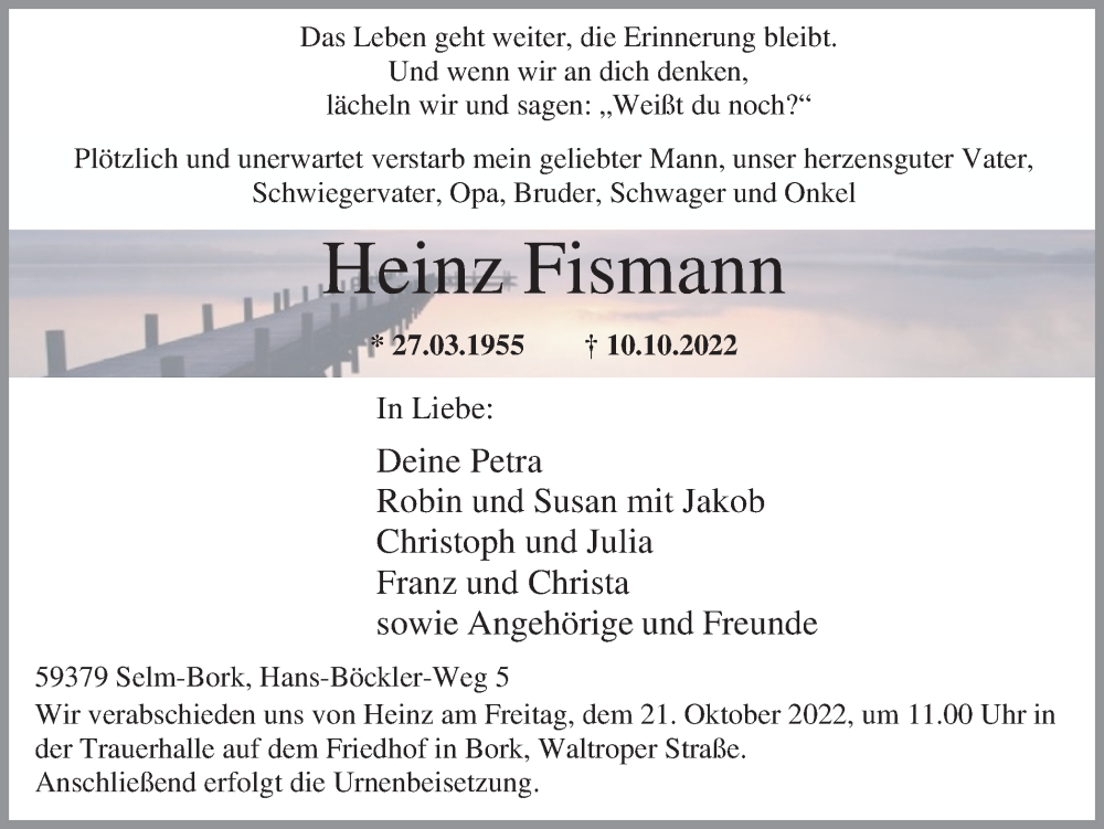  Traueranzeige für Heinz Fismann vom 15.10.2022 aus Ruhr Nachrichten