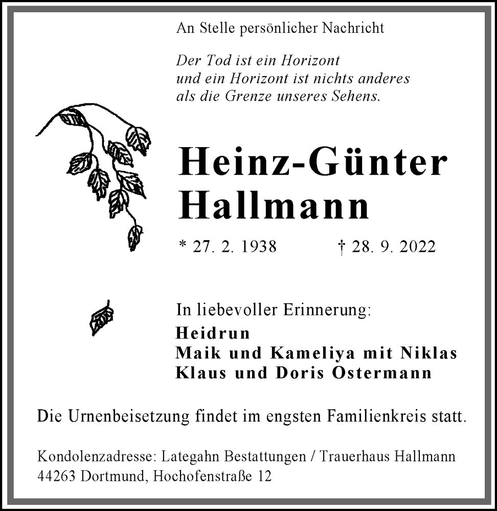  Traueranzeige für Heinz-Günter Hallmann vom 08.10.2022 aus 
