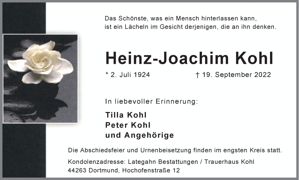  Traueranzeige für Heinz-Joachim Kohl vom 01.10.2022 aus 