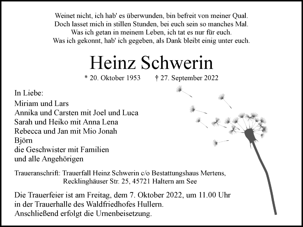  Traueranzeige für Heinz Schwerin vom 01.10.2022 aus Ruhr Nachrichten und Halterner Zeitung