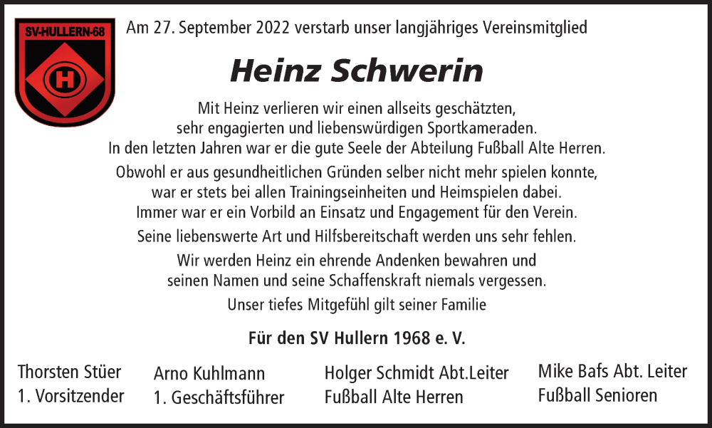  Traueranzeige für Heinz Schwerin vom 05.10.2022 aus Ruhr Nachrichten und Halterner Zeitung