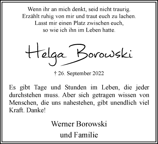 Traueranzeige von Helga Borowski von Hellweger Anzeiger