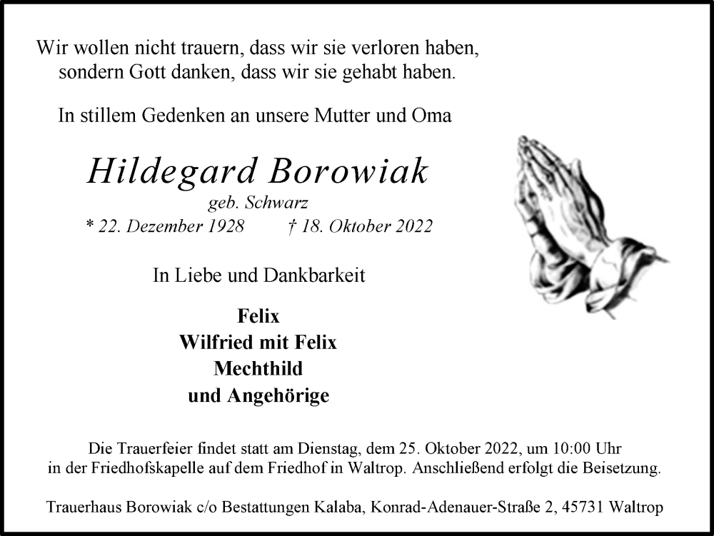  Traueranzeige für Hildegard Borowiak vom 22.10.2022 aus Medienhaus Bauer