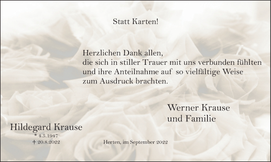 Traueranzeige von Hildegard Krause von Medienhaus Bauer