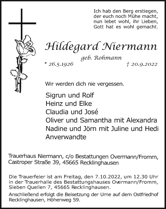 Traueranzeige von Hildegard Niermann von Medienhaus Bauer