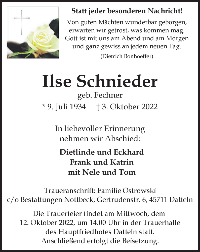  Traueranzeige für Ilse Schnieder vom 08.10.2022 aus Medienhaus Bauer