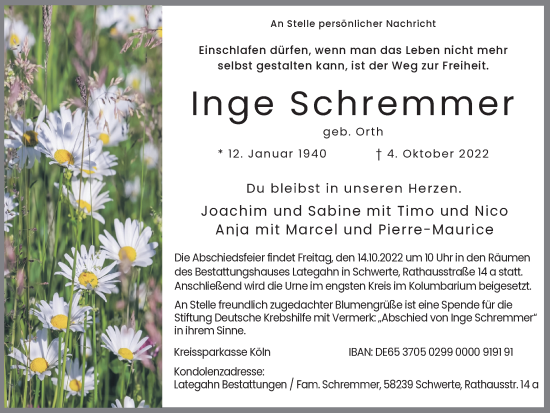 Traueranzeige von Inge Schremmer 