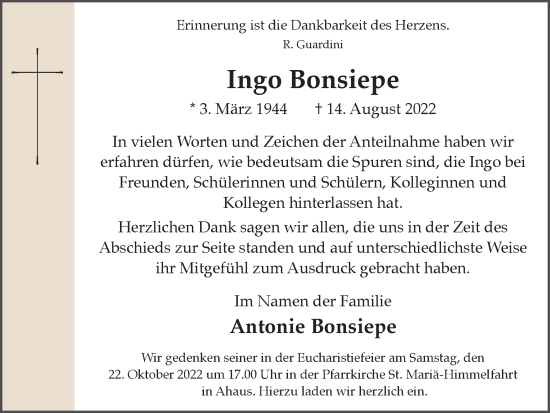Traueranzeige von Ingo Bonsiepe von Münstersche Zeitung und Münsterland Zeitung