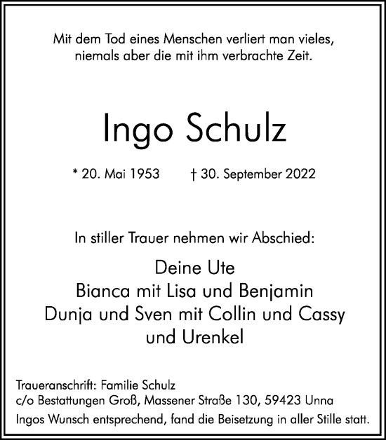 Traueranzeige von Ingo Schulz von Hellweger Anzeiger