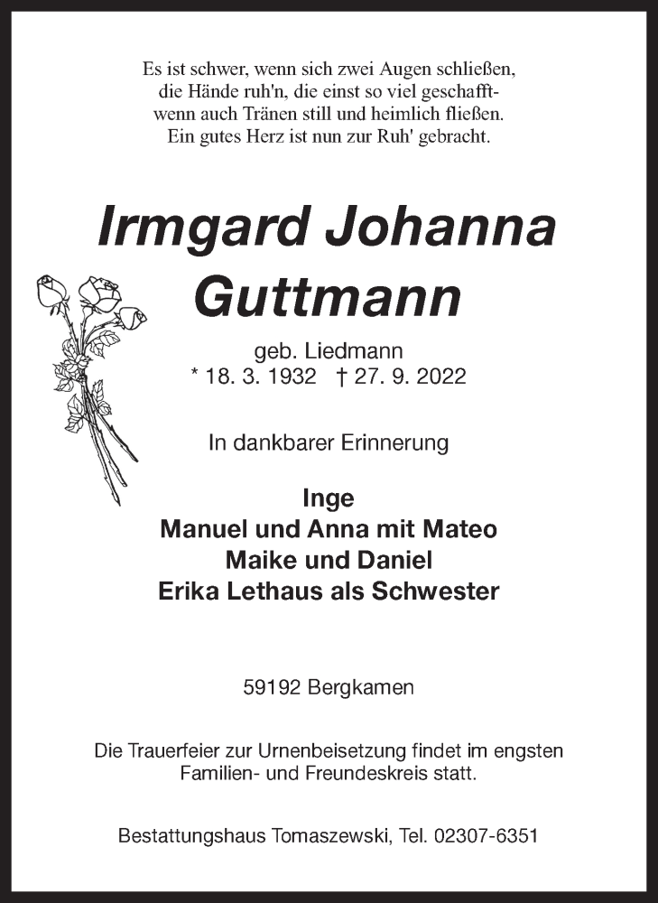  Traueranzeige für Irmgard Johanna Guttmann vom 01.10.2022 aus Hellweger Anzeiger