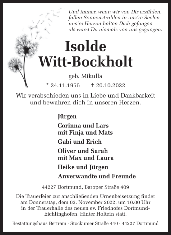 Traueranzeige von Isolde Witt-Bockholt 