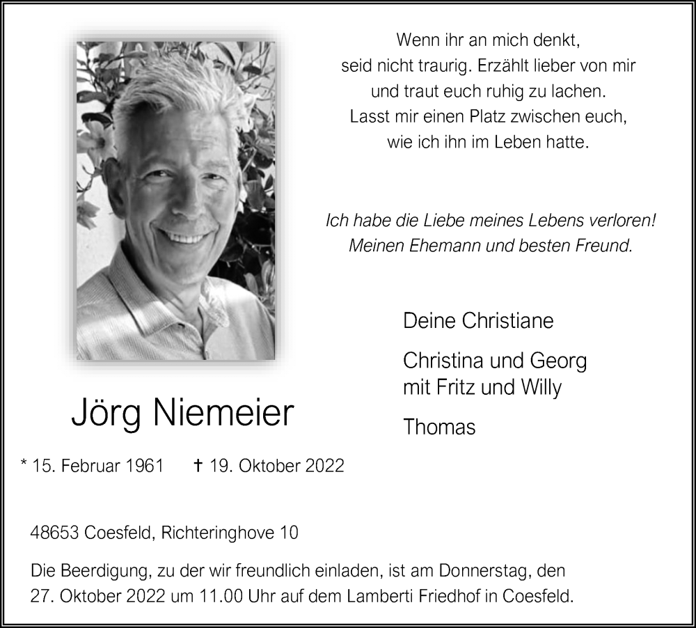  Traueranzeige für Jörg Niemeier vom 24.10.2022 aus Medienhaus Bauer