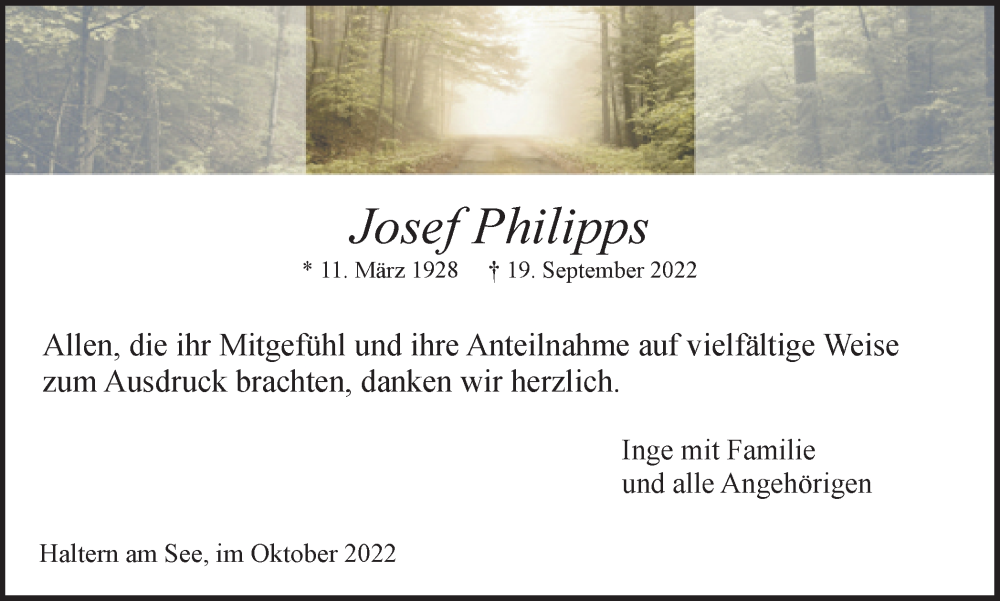  Traueranzeige für Josef Philipps vom 22.10.2022 aus Ruhr Nachrichten und Halterner Zeitung