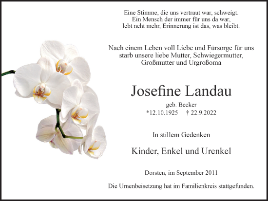 Traueranzeige von Josefine Landau von Ruhr Nachrichten und Dorstener Zeitung
