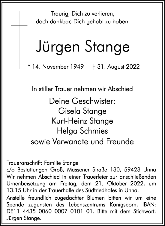 Traueranzeige von Jürgen Stange von Hellweger Anzeiger