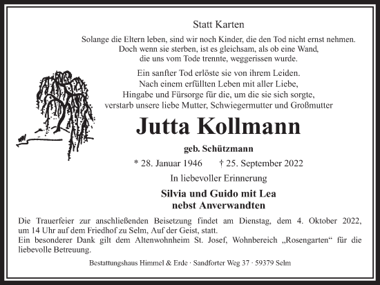 Traueranzeige von Jutta Kollmann von Ruhr Nachrichten