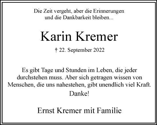 Traueranzeige von Karin Kremer von Hellweger Anzeiger