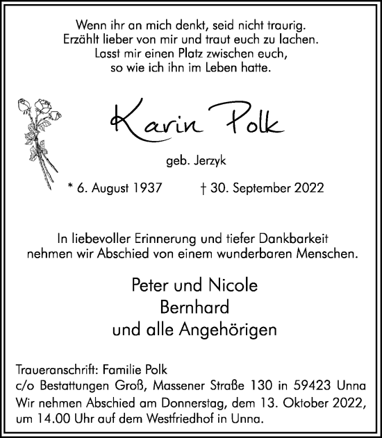 Traueranzeige von Karin Polk von Hellweger Anzeiger