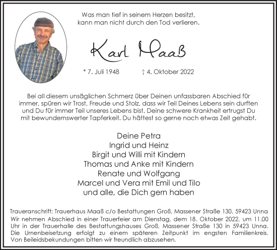 Traueranzeige von Karl Maaß von Hellweger Anzeiger