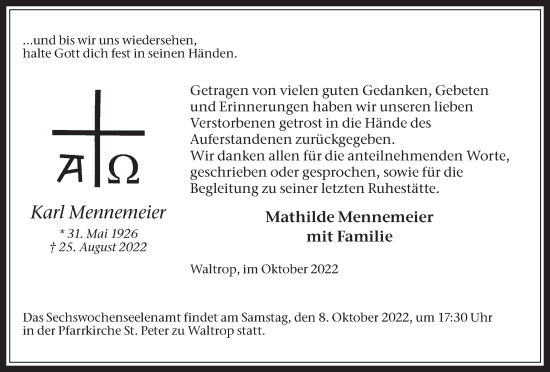 Traueranzeige von Karl Mennemeier von Medienhaus Bauer