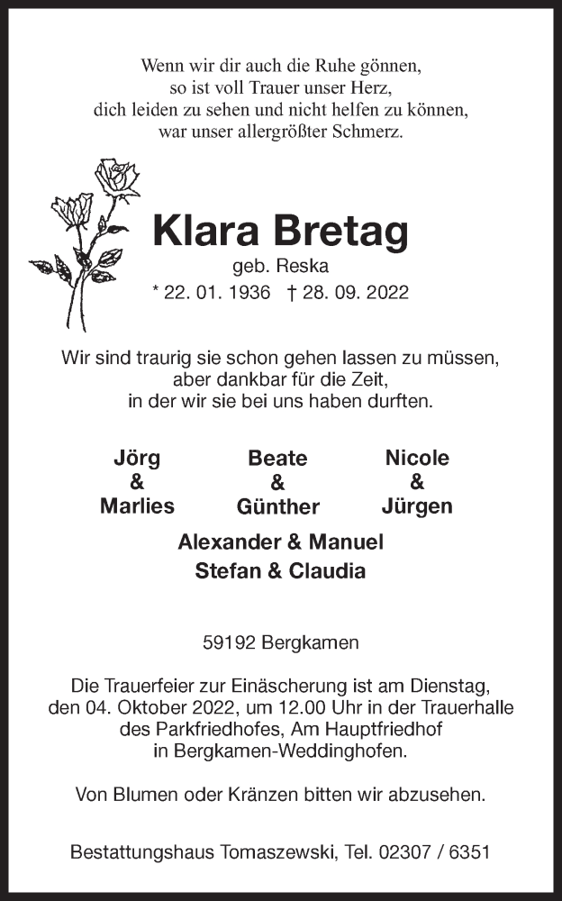  Traueranzeige für Klara Bretag vom 01.10.2022 aus Hellweger Anzeiger