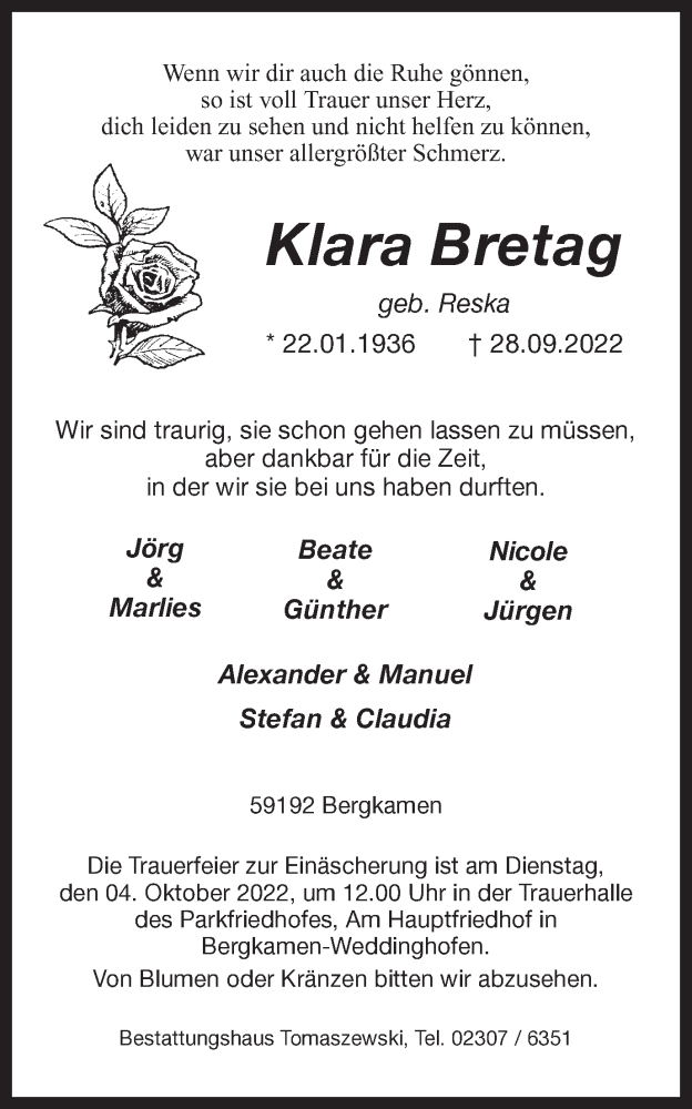  Traueranzeige für Klara Bretag vom 01.10.2022 aus Hellweger Anzeiger