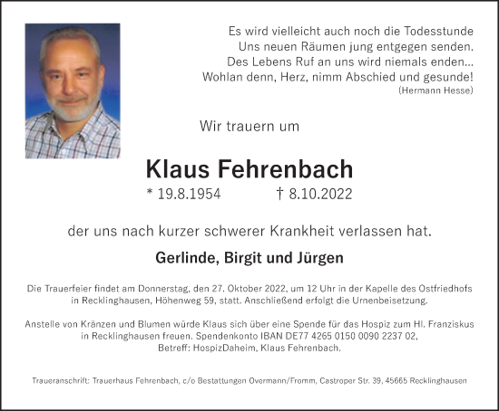 Traueranzeige von Klaus Fehrenbach von Medienhaus Bauer