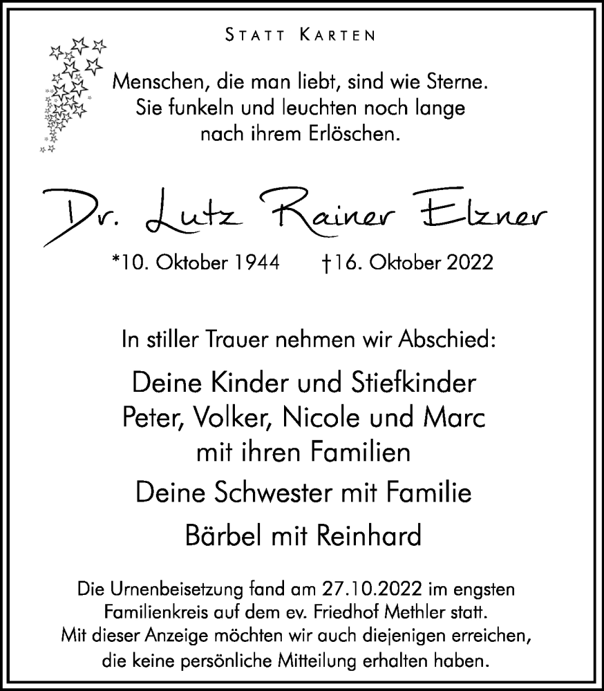  Traueranzeige für Lutz Rainer Elzner vom 29.10.2022 aus Hellweger Anzeiger