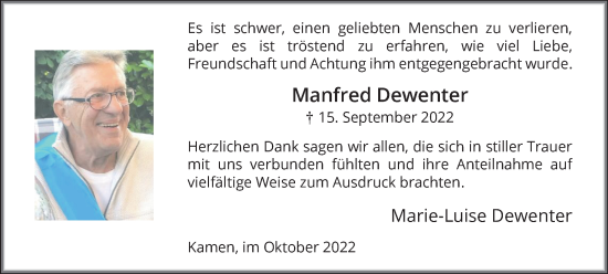 Traueranzeige von Manfred Dewenter von Hellweger Anzeiger