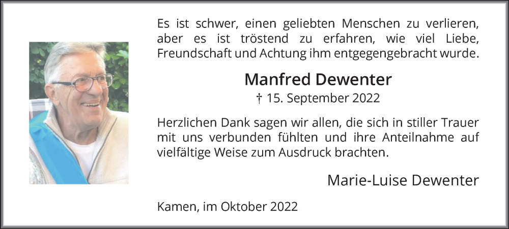  Traueranzeige für Manfred Dewenter vom 22.10.2022 aus Hellweger Anzeiger