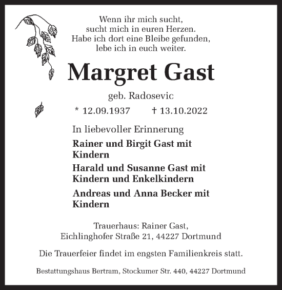 Traueranzeige von Margret Gast 