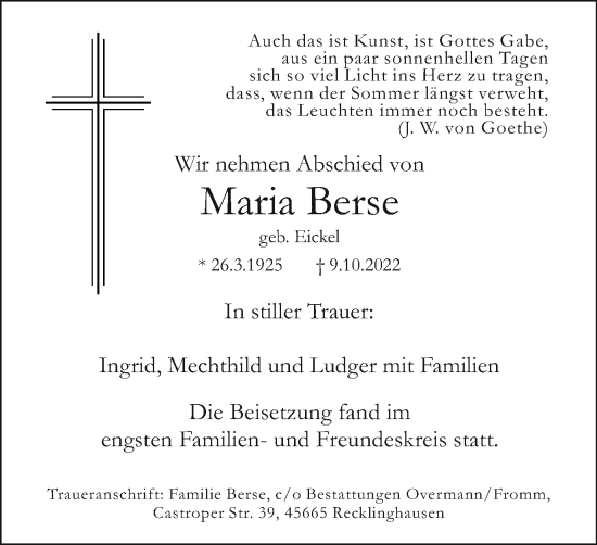 Traueranzeige von Maria Berse von Medienhaus Bauer