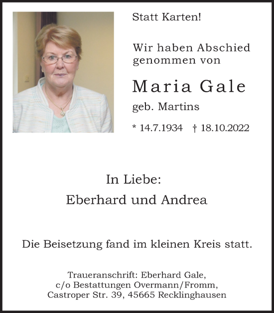 Traueranzeige von Maria Gale von Medienhaus Bauer