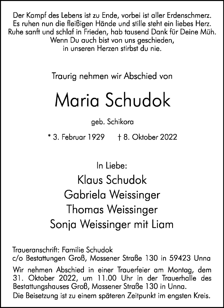  Traueranzeige für Maria Schudok vom 22.10.2022 aus Hellweger Anzeiger
