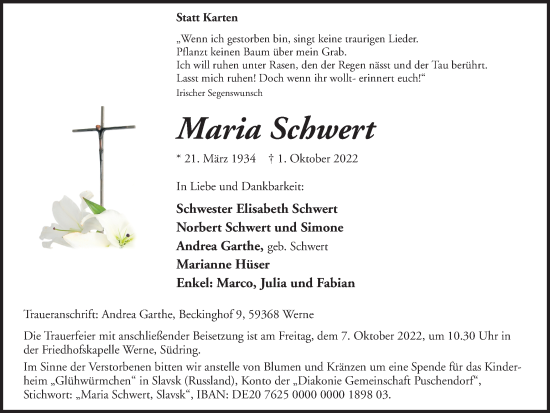 Traueranzeige von Maria Schwert von Ruhr Nachrichten