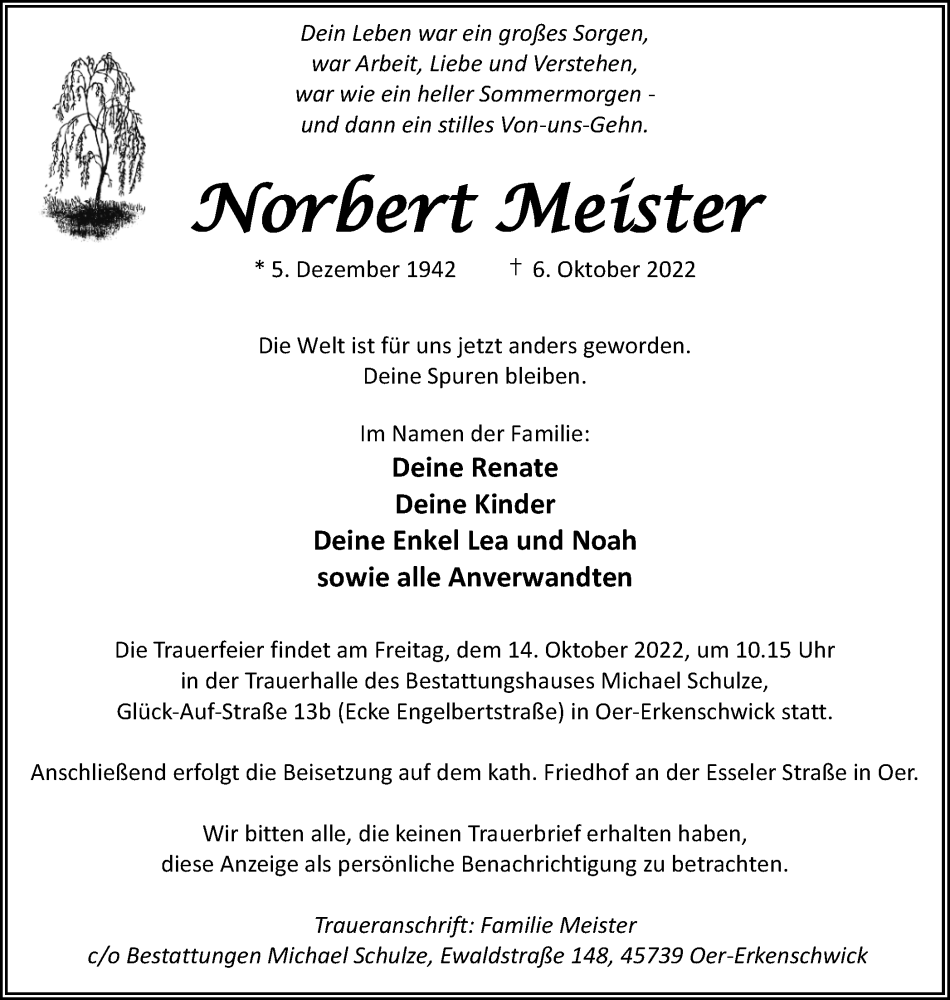  Traueranzeige für Norbert Meister vom 08.10.2022 aus Medienhaus Bauer
