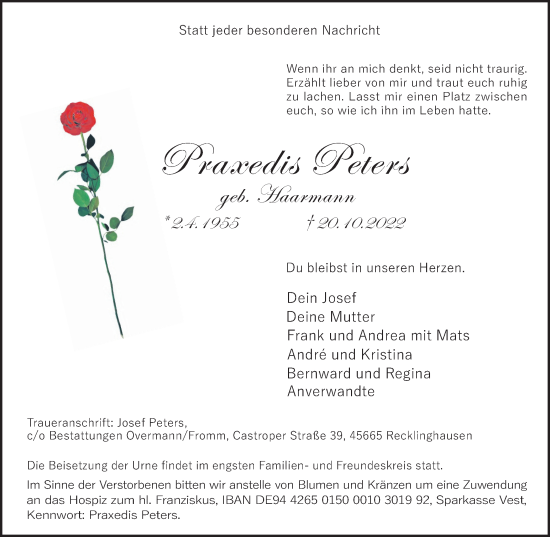 Traueranzeige von Praxedis Peters von Medienhaus Bauer