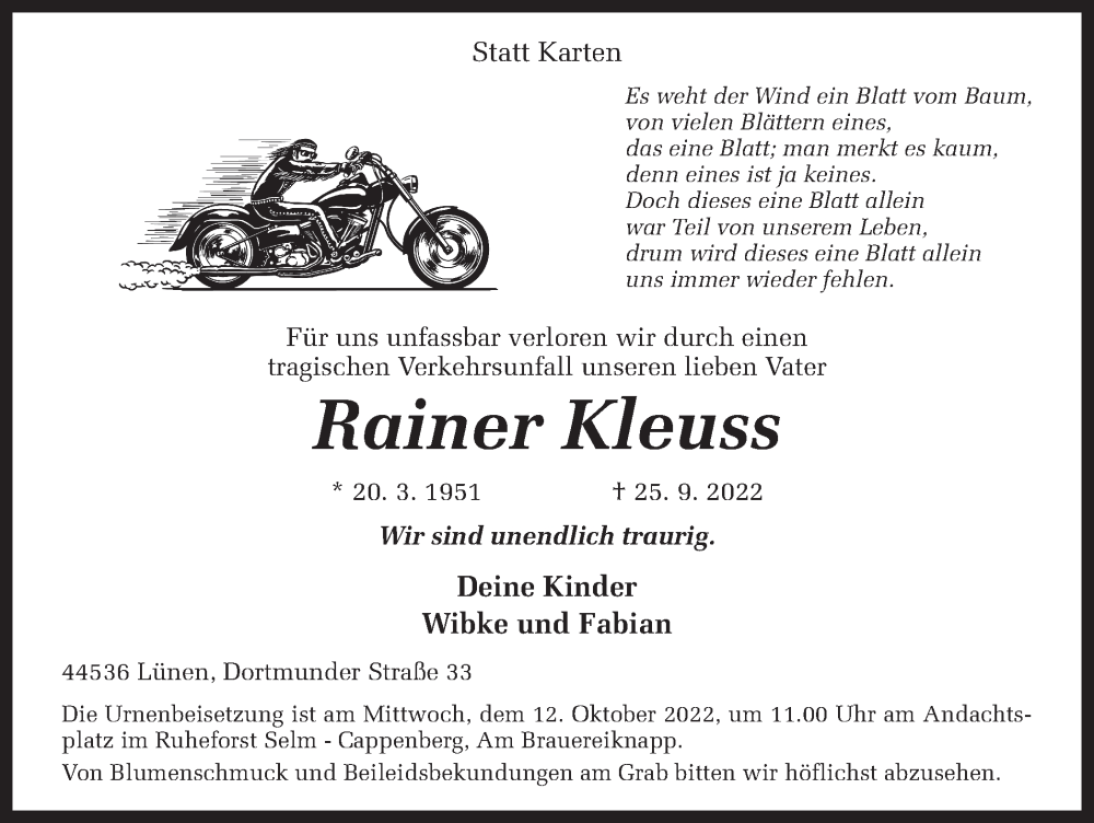  Traueranzeige für Rainer Kleuss vom 08.10.2022 aus Ruhr Nachrichten