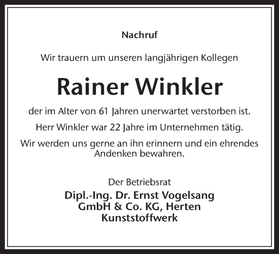 Traueranzeige von Rainer Winkler von Medienhaus Bauer