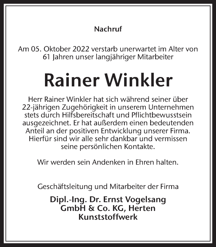  Traueranzeige für Rainer Winkler vom 22.10.2022 aus Medienhaus Bauer